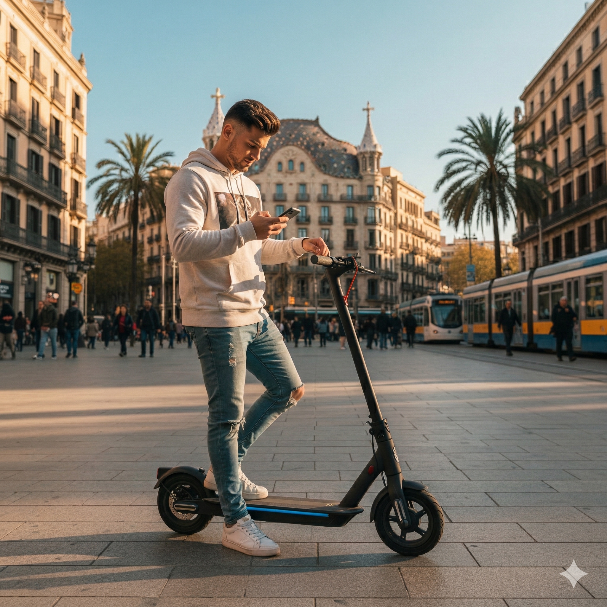 Joven con patinete en Barcelona